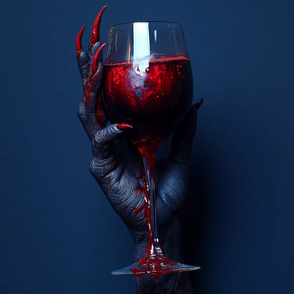 A dark, clawed hand, stained crimson, holds a wine glass filled with a blood-red liquid.  The wine drips down the stem, staining the hand and glass further. The image is stark against a deep blue background, creating a dramatic and eerie visual of gothic horror or fantasy. The scene evokes a sense of mystery and danger.