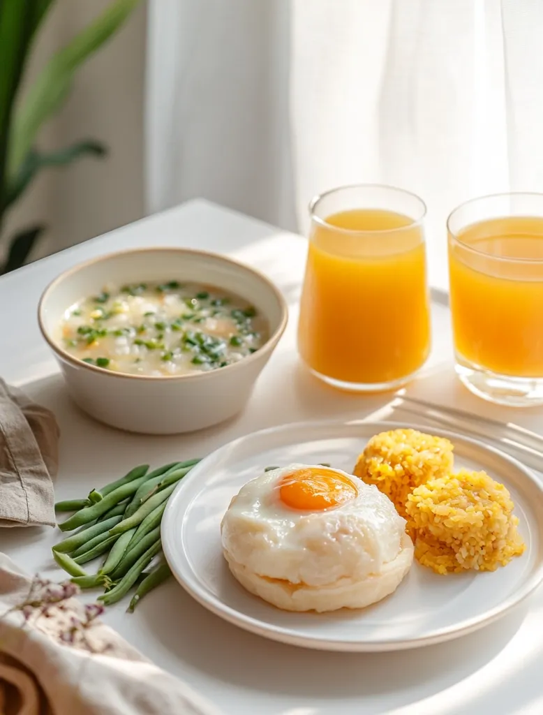 A sunny-side-up egg sits atop a fluffy bread base on a white plate, accompanied by a side of yellow rice and green beans.  A bowl of congee and two glasses of orange juice complete the bright and healthy breakfast scene, set on a white table bathed in sunlight.  A linen napkin adds a touch of texture.