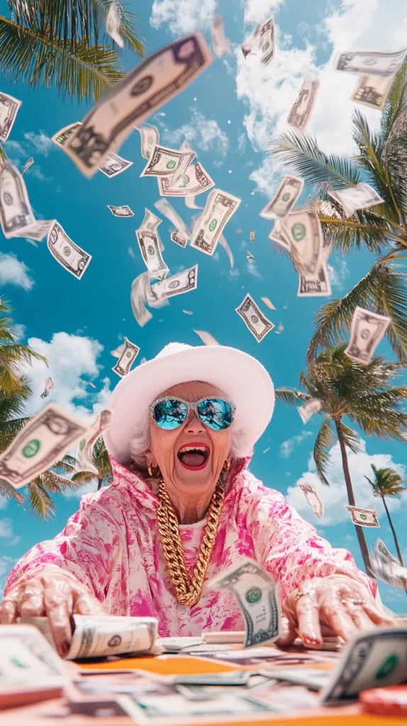 A joyful elderly woman in a pink jacket and white sunhat, adorned with a gold chain, laughs amidst a flurry of falling dollar bills under a bright, sunny sky with palm trees.  She gleefully interacts with the money, creating a vibrant and whimsical scene suggestive of wealth and carefree joy.