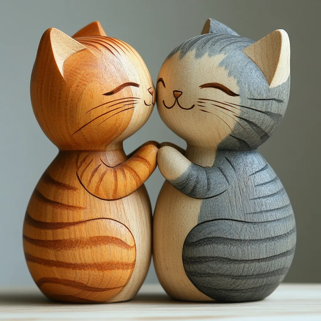 Two charming wooden cat figurines, one orange and one grey, are depicted holding paws in a tender embrace.  Their eyes are gently closed, conveying a sense of affection.  The intricate wood grain and painted stripes are visible, showcasing the craftsmanship. The cats' rounded forms and simplistic features add to their endearing appeal.