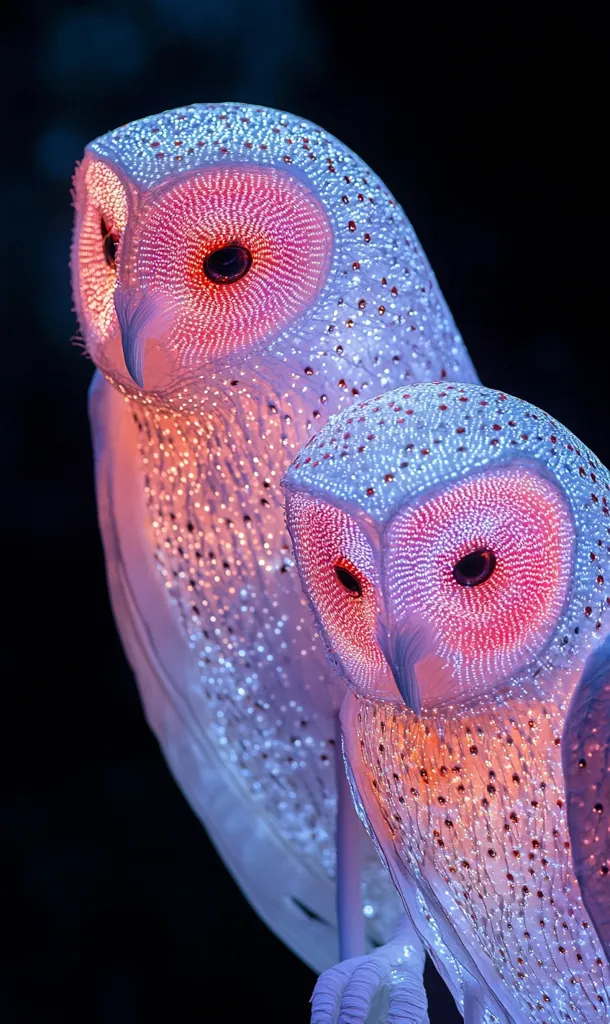 Two luminous owls, crafted from a translucent material, are depicted against a dark background.  Their bodies are adorned with countless tiny lights, creating a mesmerizing glow.  The owls' eyes are a vibrant pinkish-red, contrasting beautifully with the cooler tones of their bodies. The intricate detail and ethereal quality create a captivating image.