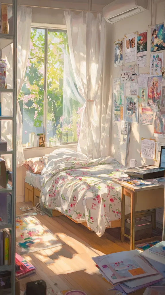 Sunlight streams through sheer curtains into a cozy bedroom. A floral bedspread adorns a single bed, near a small wooden desk scattered with papers and a laptop.  The walls are adorned with a collage of posters and pictures, creating a personal and artistic atmosphere.  A bookshelf filled with books stands in the corner, adding to the room's cluttered yet charming ambiance. The overall feeling is one of warmth and gentle calm.