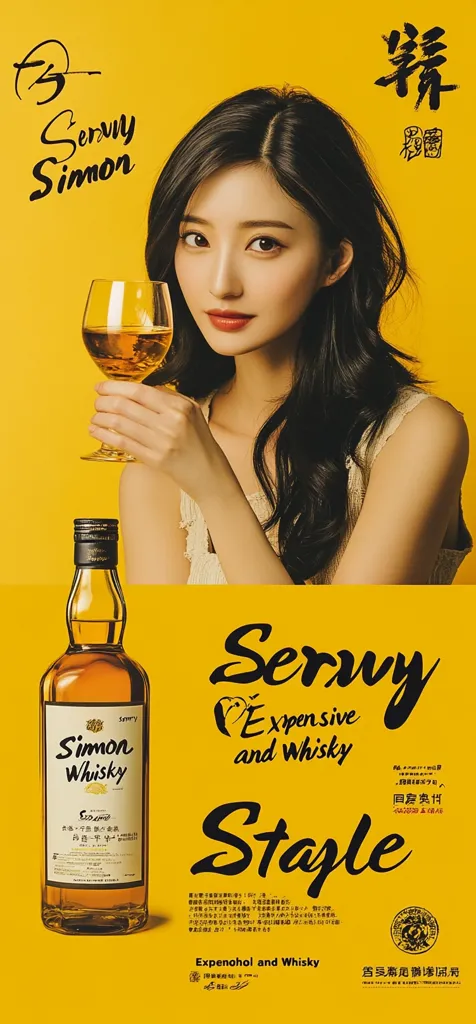 A vibrant yellow advertisement features a young woman holding a glass of amber liquid.  The text highlights "Servy Simon Whisky," describing it as "expensive and whisky staple."  A bottle of the whisky is prominently displayed, alongside Chinese text. The overall aesthetic is stylish and sophisticated, targeting a discerning consumer base.