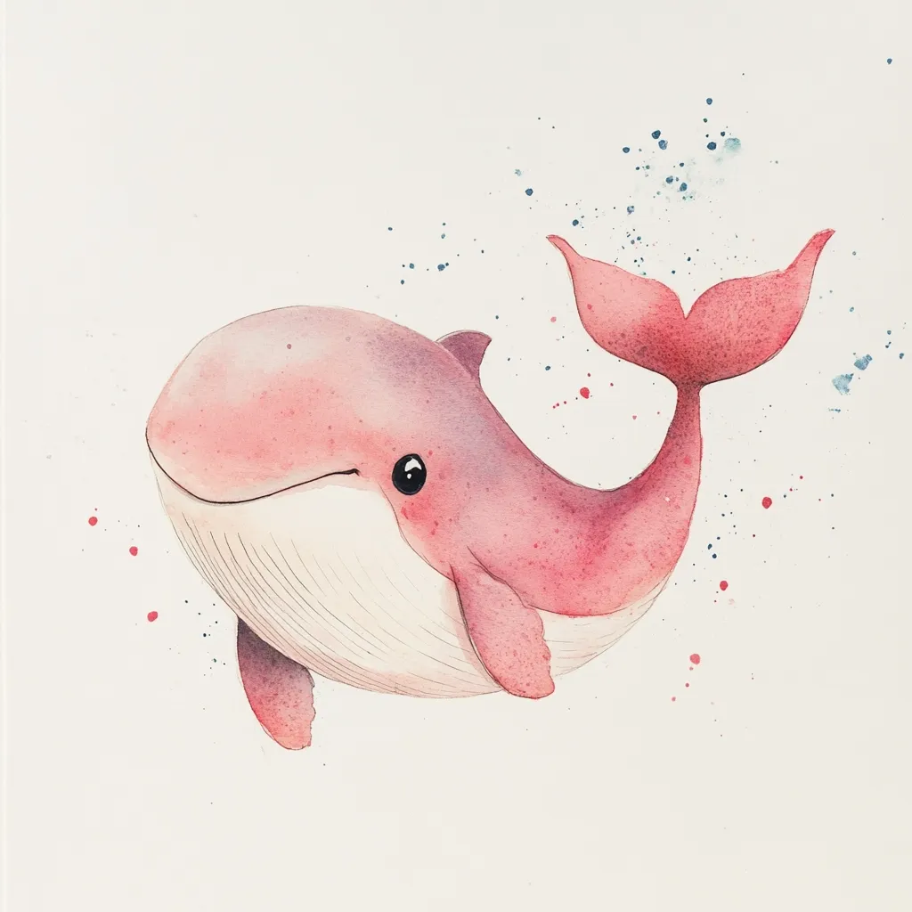 A watercolor painting depicts a charming, light pink whale.  Its large, expressive eyes and gentle smile give it a friendly appearance. The whale's tail is elegantly curved, and subtle watercolor splatters suggest a watery environment. The overall style is delicate and whimsical, suitable for children's art or a nursery decoration. The soft colors and simple design create a peaceful and calming image.