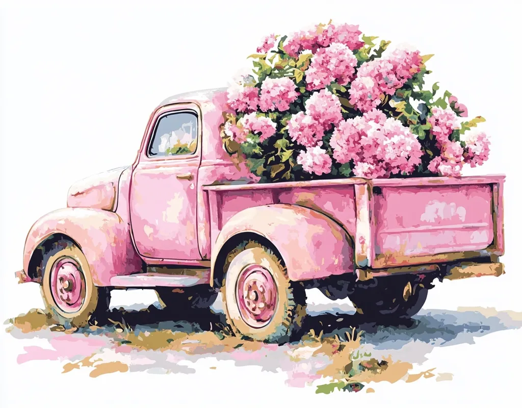 A vintage pink pickup truck is filled to the brim with a large bouquet of light pink hydrangeas. The truck, slightly weathered, sits on a patch of grass against a white background. The scene is idyllic and evokes feelings of rustic charm and springtime. The vibrant pink of the truck complements the soft pink of the flowers, creating a harmonious and aesthetically pleasing image.