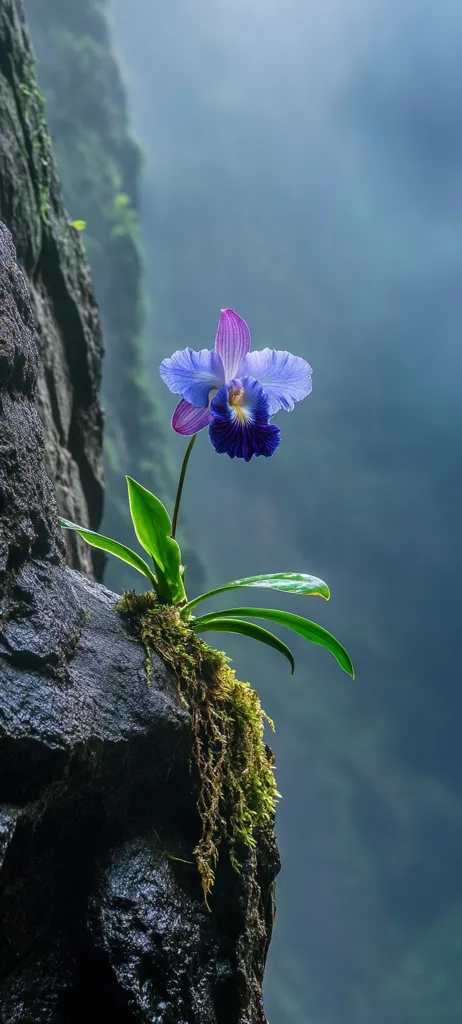 A vibrant blue and purple orchid blossoms from a mossy rock face.  The plant clings to the dark, damp stone, a splash of color against a misty, muted green background.  The scene evokes a sense of serenity and resilience, highlighting the orchid's tenacious growth in a seemingly harsh environment. The soft light and blurred background emphasize the delicate beauty of the flower.