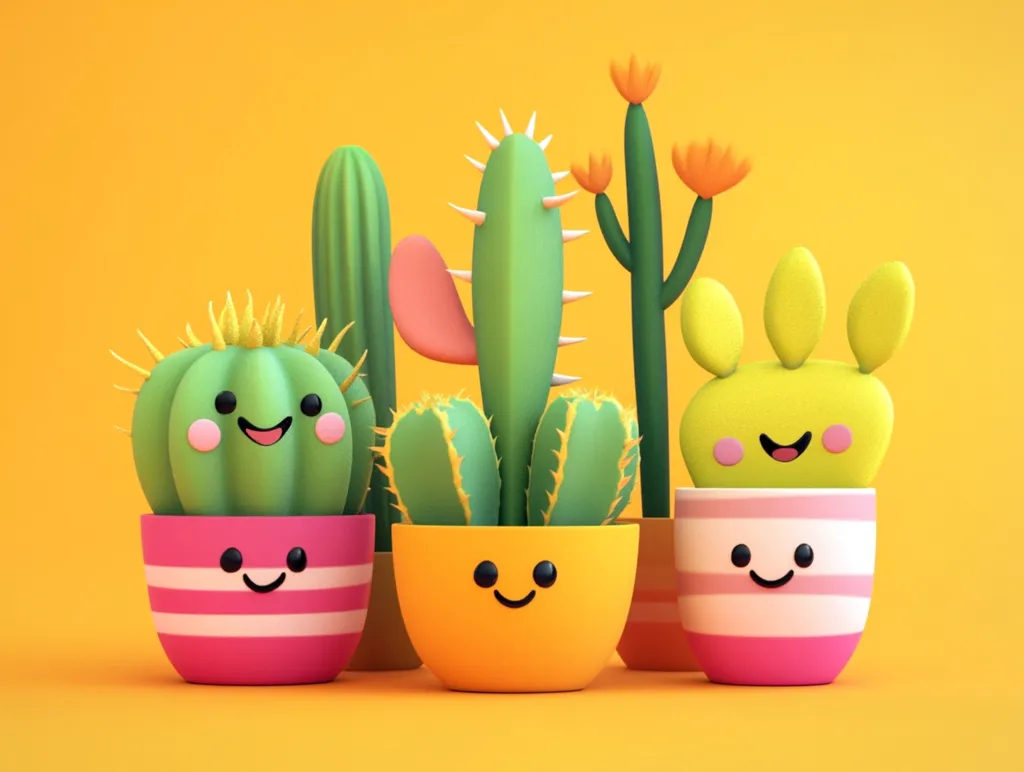 Four adorable cartoon cacti in colorful pots sit on a yellow background.  Each cactus and pot has a smiling face.  The cacti vary in shape and size, showcasing a round, tall, prickly, and paddle-shaped variety.  The overall style is playful and cheerful.