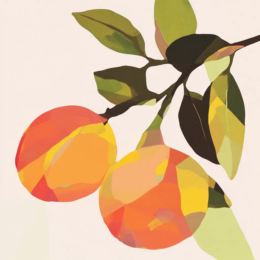 A stylized illustration depicts two vibrant oranges hanging from a branch.  The oranges are rendered in warm hues of orange, yellow, and peach, with a painterly, almost abstract quality.  The leaves are similarly stylized, in muted greens and browns, creating a striking contrast against the bright fruit. The overall style is modern and minimalist.