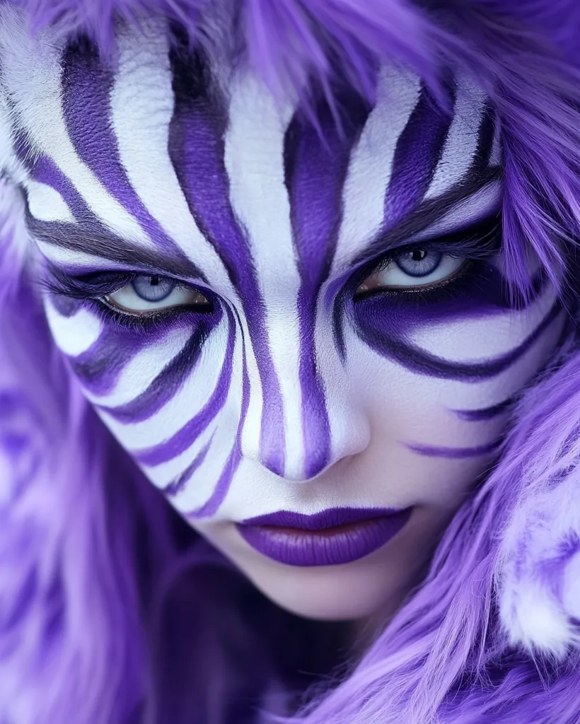 Close-up of a person with vibrant purple hair and elaborate zebra-striped face paint.  The makeup is predominantly purple and white, creating a striking contrast against their pale skin and purple hair.  The model's intense gaze is accentuated by the makeup, creating a captivating and slightly mysterious image.  The purple fur surrounding the face adds to the overall dramatic effect.
