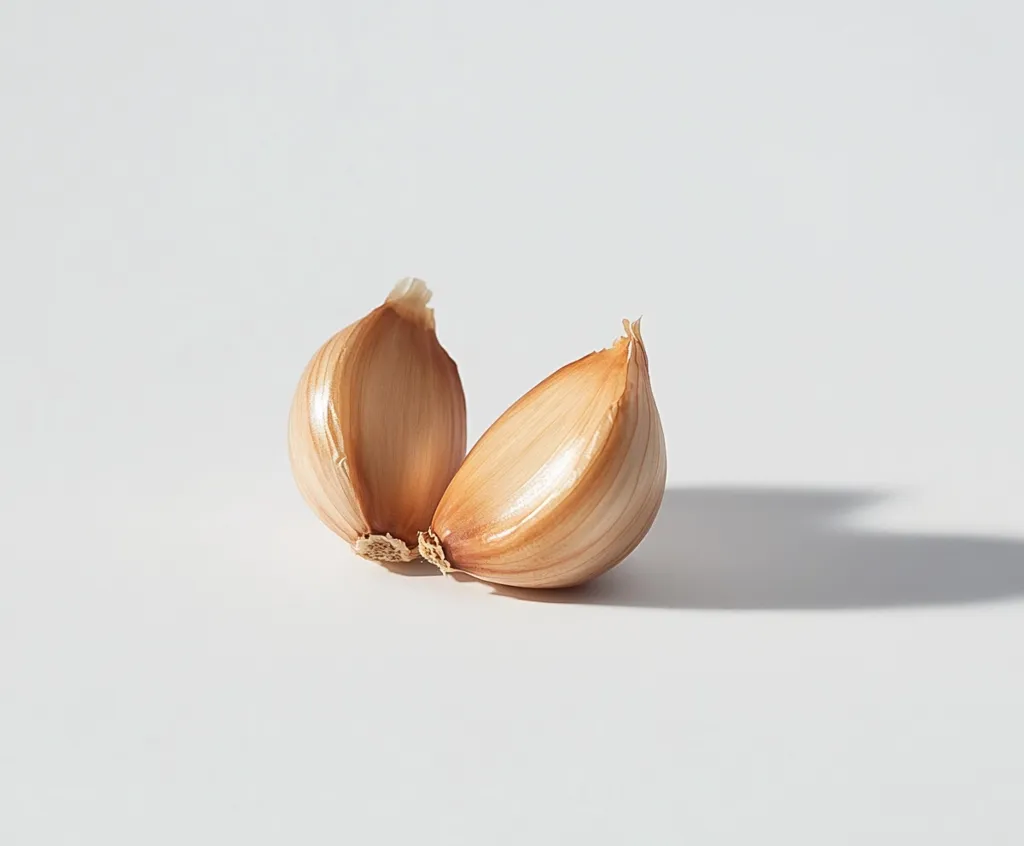 Two garlic cloves, separated from the bulb, rest on a white surface.  Their pale brown skins are slightly translucent, revealing the pale interior.  A soft shadow is cast to the right, suggesting a light source from the left. The image is minimalist and focuses on the texture and form of the garlic.
