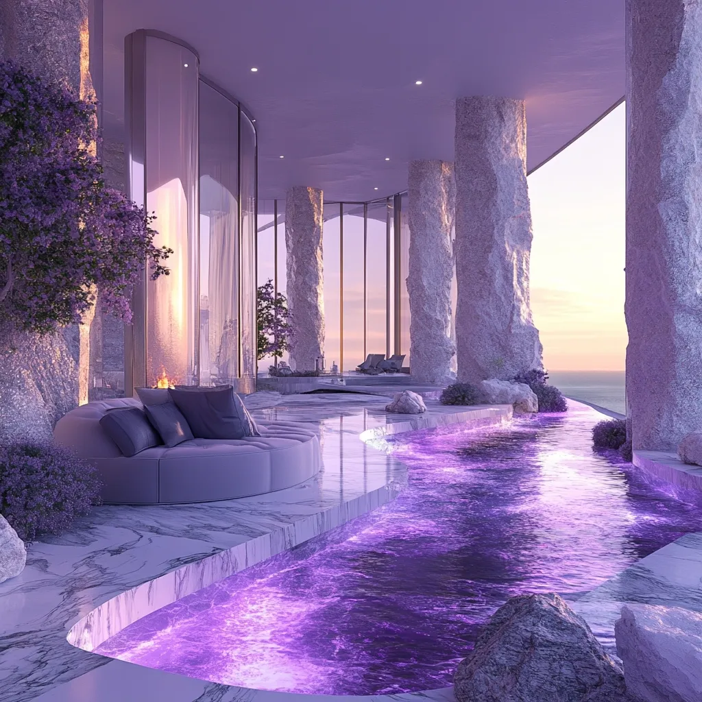 A luxurious, minimalist penthouse boasts a stunning infinity pool with purple-lit water.  Large, rough-hewn stone columns frame floor-to-ceiling windows offering breathtaking sunset views. A plush, circular sofa sits near a fireplace, creating a serene atmosphere.  The marble floor and carefully placed plants add to the opulent and tranquil ambiance of this high-rise sanctuary.