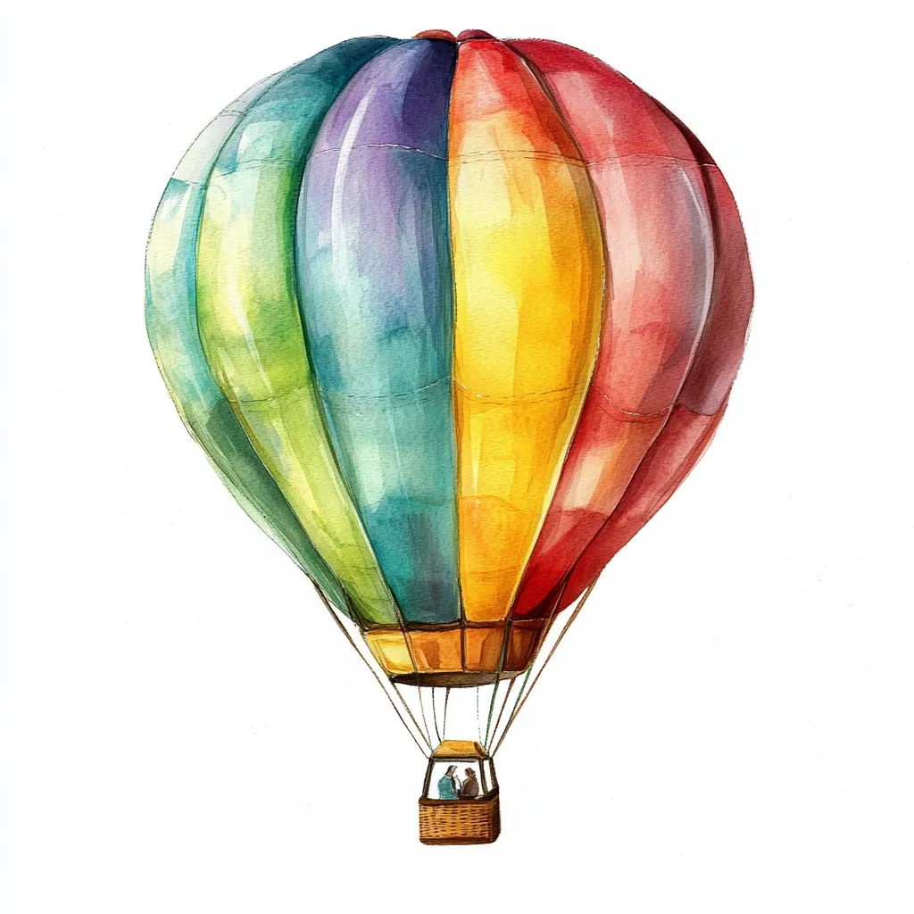 A watercolor painting depicts a vibrant hot air balloon soaring against a white background.  The balloon is multicolored, with sections of red, yellow, green, and purple, creating a cheerful and whimsical effect. Two small figures are visible in the woven basket hanging below, adding a sense of adventure and scale. The painting is detailed, showcasing the texture of the balloon's fabric and the delicate lines of the ropes.