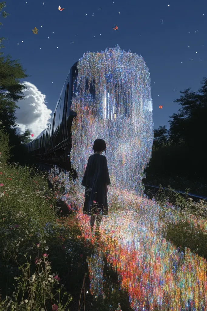 A lone girl in a dark dress walks towards a train engulfed in a vibrant, iridescent waterfall of light.  Butterflies flit through the night sky above. The scene is surreal and dreamlike, with wildflowers blooming along the path, creating a magical and mysterious atmosphere. The contrast between the dark train and the luminous cascade is striking.
