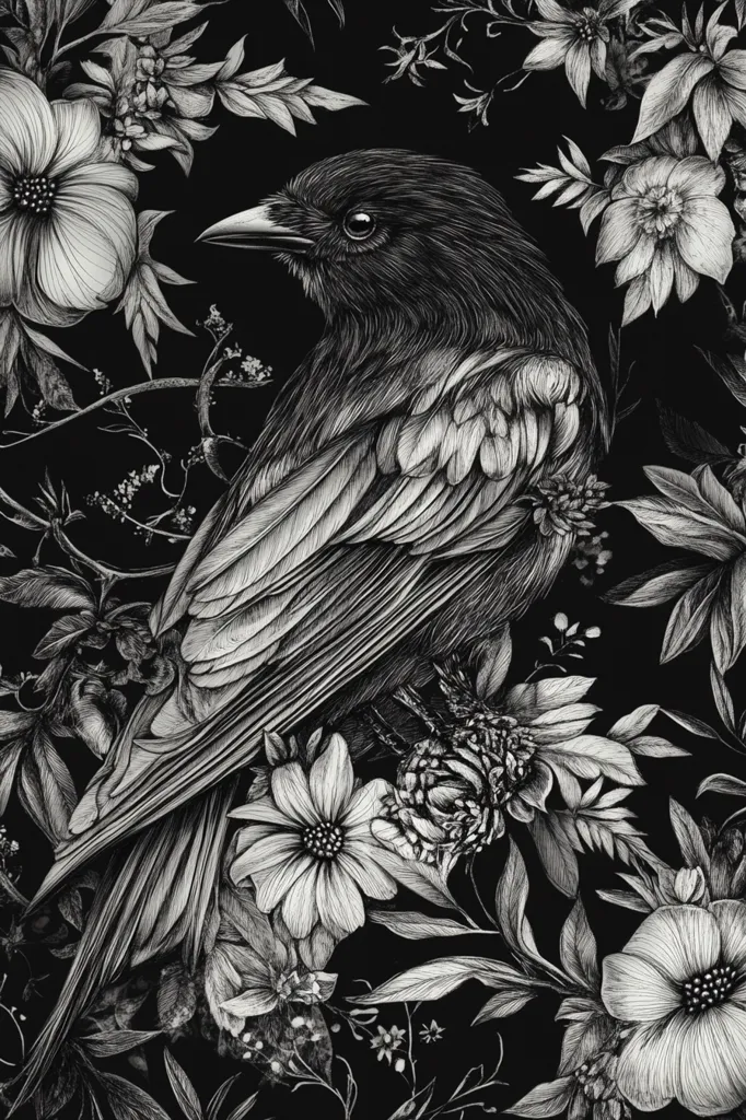 A monochrome illustration showcases a bird, possibly a crow or raven, meticulously rendered in pen and ink.  Its detailed feathers contrast sharply against a backdrop of intricately drawn flowers and foliage. The style is reminiscent of botanical illustrations, with a dark, almost gothic aesthetic. The bird is centrally positioned, partially obscured by the dense floral arrangement, creating a visually rich and textural image.
