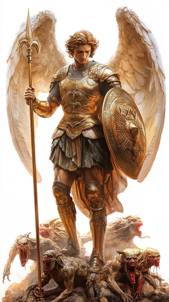 A majestic angel, clad in golden armor, stands triumphantly upon a rocky outcrop.  He wields a spear and shield, his large wings outstretched.  Below him, grotesque, snarling demonic creatures writhe and claw at his feet, highlighting his power and dominance over the forces of evil.  The image is a dramatic depiction of celestial power and the battle between good and evil.