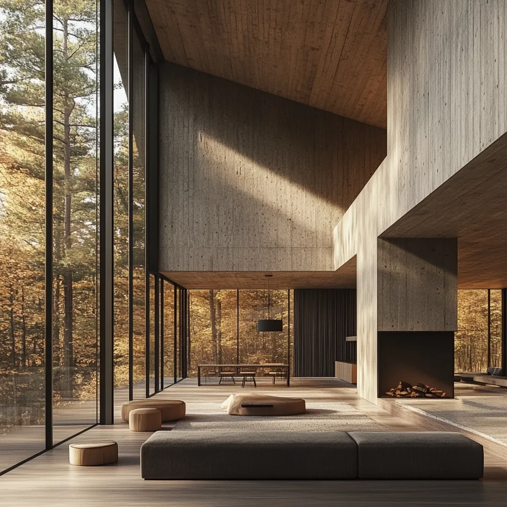 A minimalist modern home nestled in a forest.  Large windows offer panoramic autumnal views. The interior features exposed concrete walls and ceilings, a low-slung grey sofa, wooden coffee table, and a fireplace.  The design emphasizes natural light and a seamless transition between indoors and outdoors, creating a serene and sophisticated atmosphere.