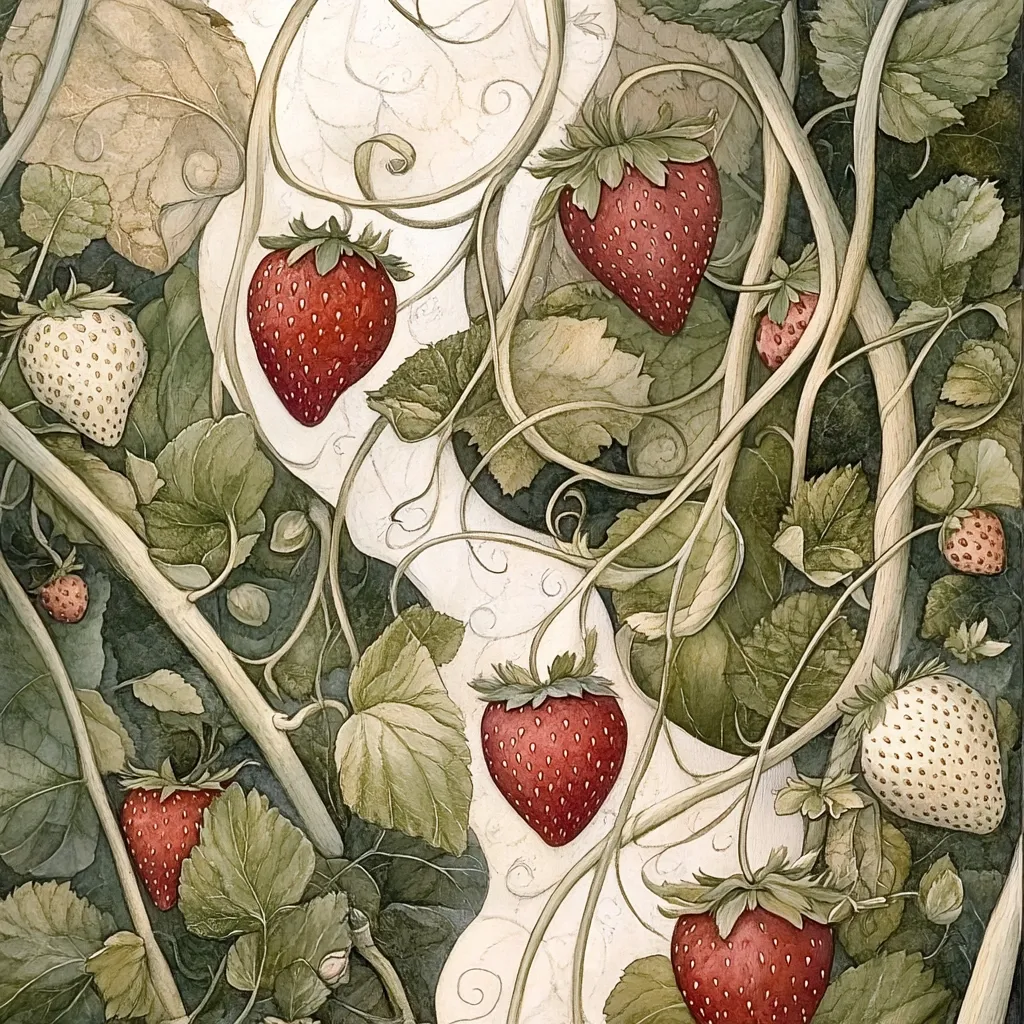 A detailed botanical illustration showcases a strawberry plant with ripe and unripe berries.  The vines intertwine, creating a flowing, almost whimsical pattern against a muted background.  The strawberries are depicted with realistic detail, highlighting their textures and variations in color, from deep red to pale white.  The style is reminiscent of a vintage nature study or illuminated manuscript.