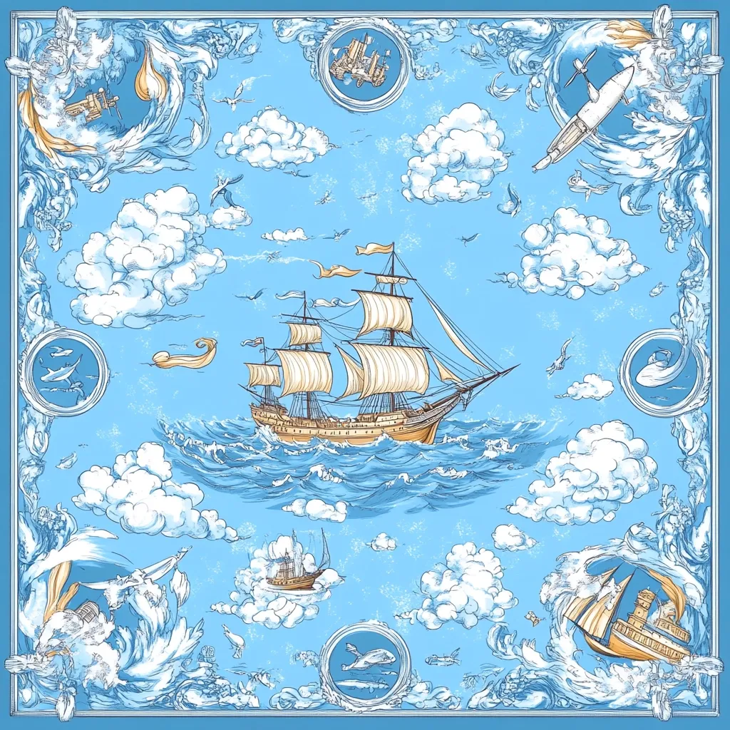 A whimsical illustration features a large sailing ship at sea, surrounded by stylized clouds, birds, and various airborne and seafaring vessels. The design is framed with ornate rococo-style flourishes, creating a charming, antique-inspired aesthetic.  The pastel blue and cream color palette contributes to a light and airy feel.  Smaller ships, flying machines, and marine life complete the fantastical scene.