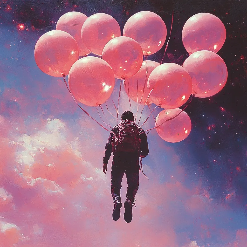 A person with a backpack floats serenely in a dreamy, pastel sky, suspended by numerous pale pink balloons.  The background blends a soft, pink-hued cloudscape with a darker, star-speckled expanse, suggesting a journey into the unknown. The overall mood is one of peaceful adventure and whimsical escape.
