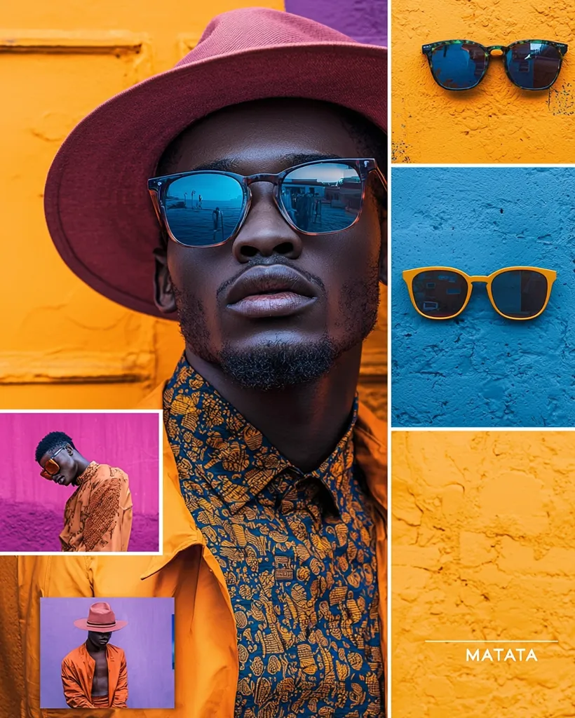 A collage showcasing a stylish dark-skinned male model wearing a vibrant orange jacket, a patterned shirt, a maroon hat, and blue mirrored sunglasses.  Smaller images depict similar attire and sunglasses in various colors against contrasting backgrounds. The brand name "MATATA" is subtly displayed. The overall aesthetic is bold, colorful, and fashion-forward.
