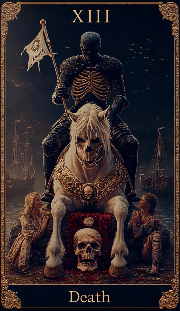 A skeletal knight, riding a skeletal white horse, is depicted in this gothic-style artwork.  The knight carries a banner reading "Death," and sits atop a pedestal adorned with a skull and red roses. Two figures, a woman on each side, appear to mourn.  Ships are visible in the dark, ominous background, suggesting a scene of transformation and endings.  The overall atmosphere is dark, dramatic, and symbolic of mortality.