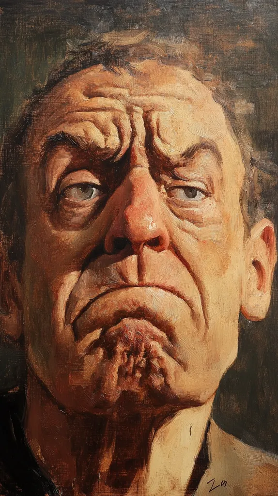 A close-up oil painting depicts an older man's face, his expression one of displeasure or discontent.  His brow is furrowed, his lips are pursed, and his eyes hold a weary gaze.  The artist uses thick impasto brushstrokes to capture the texture of his skin, highlighting wrinkles and shadows to emphasize age and emotion. The overall tone is dark and somber, reflecting the subject's mood.