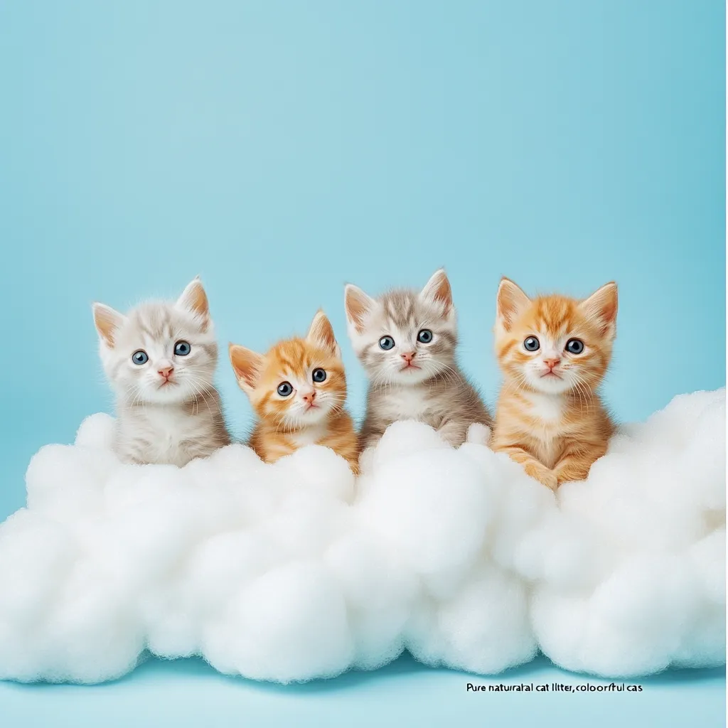 Three adorable kittens, one light gray, one orange, and one ginger, sit nestled together in a fluffy white cloud against a light blue backdrop.  Their innocent expressions and soft fur create a heartwarming image, perfect for showcasing pet products or conveying a sense of comfort and purity. The scene is whimsical and evokes feelings of gentleness and playfulness.