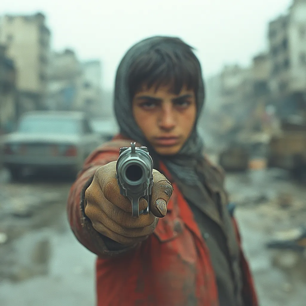 A young boy, his face partially obscured by a gray scarf, points a handgun directly at the viewer.  He wears a worn red jacket, his hand grimy. The background is blurred but shows a war-torn urban landscape, suggesting a conflict zone. The image conveys a powerful sense of vulnerability and violence.