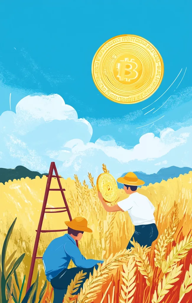 Two farmers harvest wheat in a golden field under a bright blue sky.  A large Bitcoin coin floats above them, suggesting a connection between cryptocurrency and agricultural yield or the value of farming produce. The scene is idyllic and uses vibrant colors to create a cheerful and optimistic image. A ladder stands in the field, adding to the rural setting.