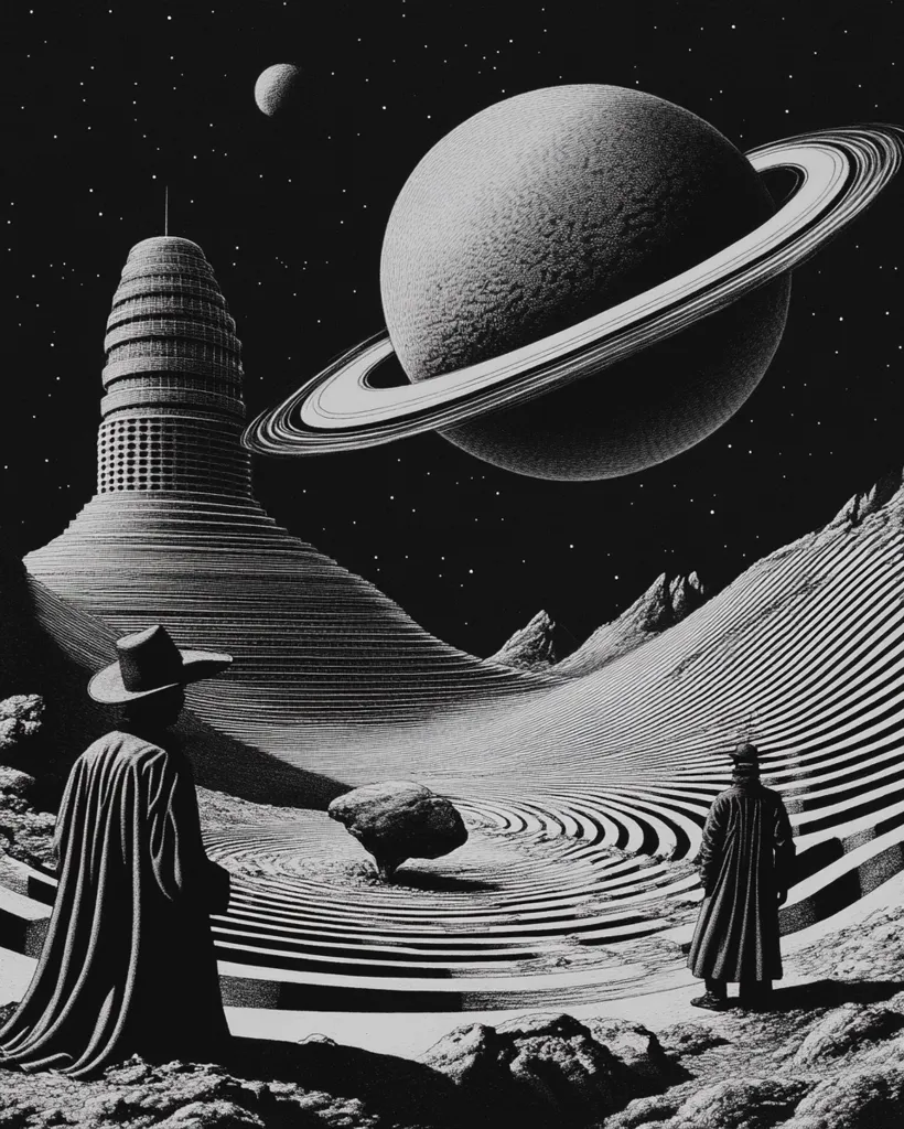 A black and white illustration depicts a surreal alien landscape.  Two figures in long coats stand observing a terraced, swirling plain.  A massive, ringed planet dominates the night sky above a towering, tiered structure.  The style is reminiscent of science fiction art, with meticulous detail and dramatic chiaroscuro.  The scene evokes a sense of mystery and wonder.