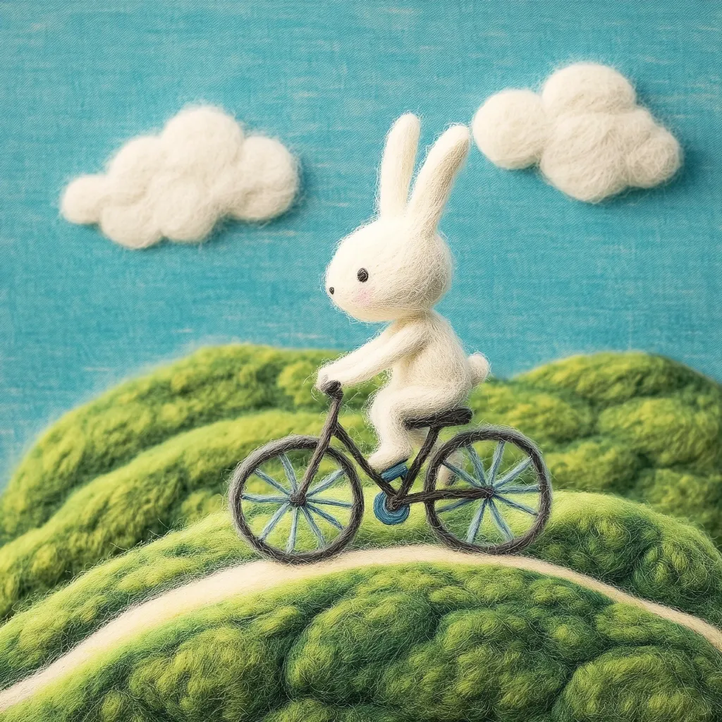 A charming needle-felted white rabbit sits atop a bicycle, traversing a whimsical landscape.  The scene is crafted from textured felt, depicting rolling green hills and fluffy white clouds against a vibrant blue sky.  The rabbit's simple features and the bicycle's delicate details create a sweet and idyllic image.