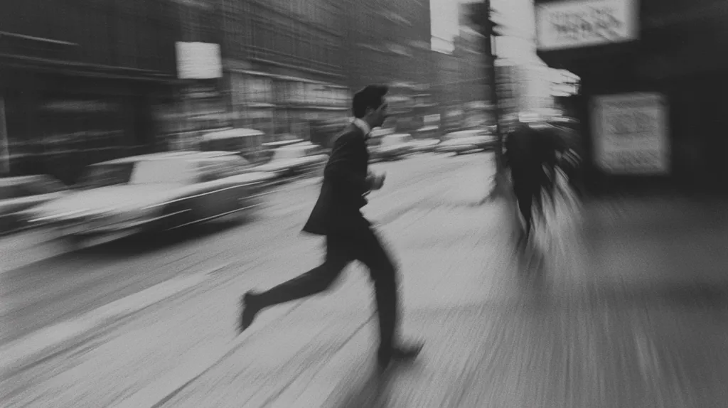 A black and white, motion-blurred photograph depicts a man running down a city street.  Cars speed past him in a blur, creating a sense of urgency and dynamism.  The man is sharply contrasted against the streaked background, highlighting his solitary movement through the urban landscape. The overall effect is one of speed and anonymity within a busy city.