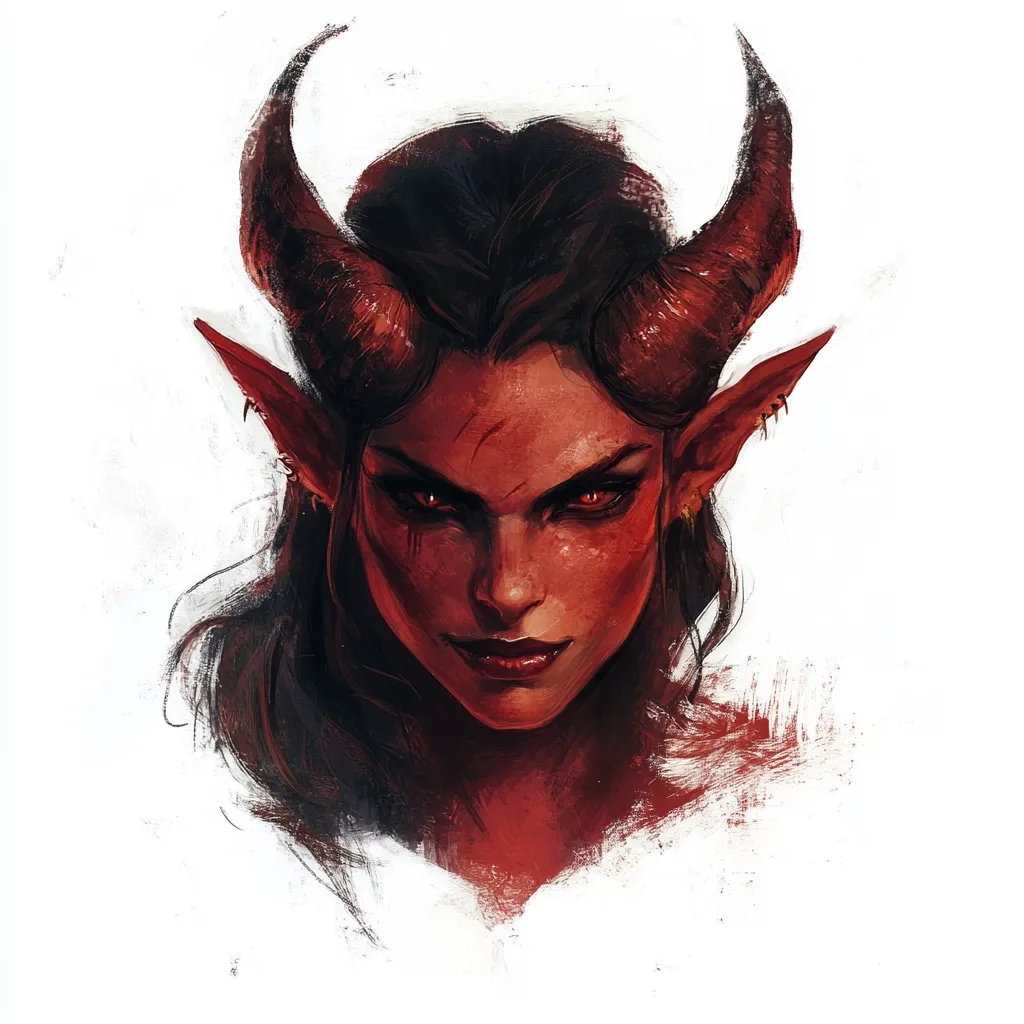 A striking portrait of a female demon.  Her crimson skin is detailed with subtle shading, highlighting her sharp features.  Long, curved horns frame a face with intense red eyes and a confident smirk.  Dark hair cascades down her shoulders, contrasting with the fiery tones of her skin and horns. The style is painterly, with visible brushstrokes adding texture and depth.