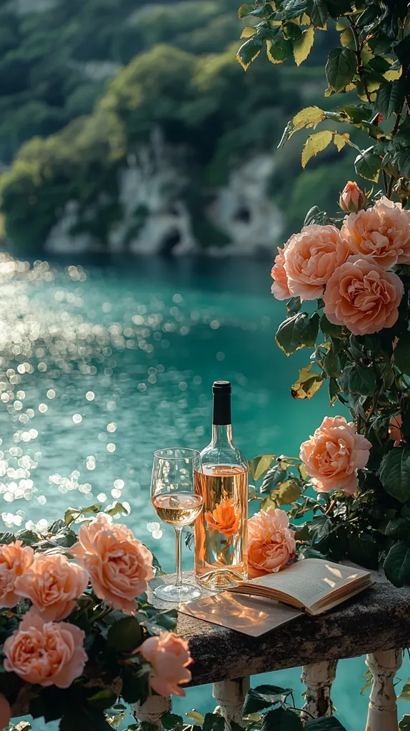 A tranquil scene unfolds: a bottle of rosé wine and two glasses rest on a stone balustrade, adorned with vibrant peach roses.  An open book lies nearby, adding a touch of literary charm. The backdrop showcases a stunning turquoise body of water, nestled amongst lush greenery and rocky cliffs. The sunlight glistens on the water, creating a serene and picturesque ambiance.