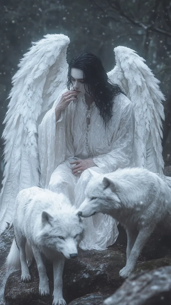 A person with long black hair and large white wings, dressed in flowing white robes, sits amidst a snowy, ethereal landscape.  Two majestic white wolves are nestled close to the figure, creating a serene and mystical scene. The overall mood is one of peaceful solitude and otherworldly beauty.  Snow gently falls, enhancing the dreamlike atmosphere.