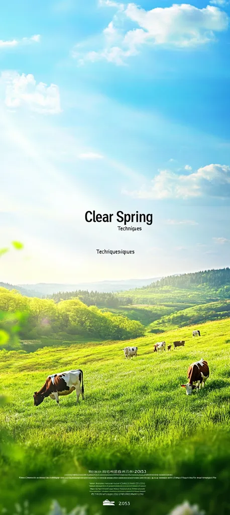 A picturesque pastoral scene unfolds under a bright blue sky dotted with fluffy white clouds.  Rolling green hills, lush with vibrant grass, are dotted with several peacefully grazing cows.  The idyllic setting evokes a sense of tranquility and the beauty of nature. The text "Clear Spring Techniques" is superimposed, suggesting a brand or artistic style.