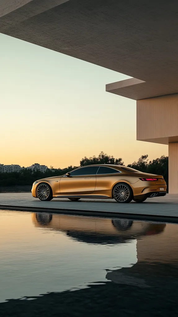 A gold Mercedes-Benz S-Class Coupe is parked near a modern, minimalist building at sunset.  The car's reflection is perfectly mirrored in a calm body of water in the foreground. The scene evokes a sense of luxury and tranquility, highlighting the sleek design of the vehicle against the clean lines of the architecture. The warm sunset light bathes the scene in a golden hue.