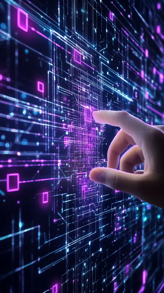 A hand reaches out to touch a vibrant, glowing digital interface.  The screen displays a complex network of interconnected lines and nodes, reminiscent of a circuit board, pulsing with blue and purple light.  Squares of light illuminate sections of the network, suggesting data points or interactive elements. The image evokes a sense of futuristic technology and interaction with data.