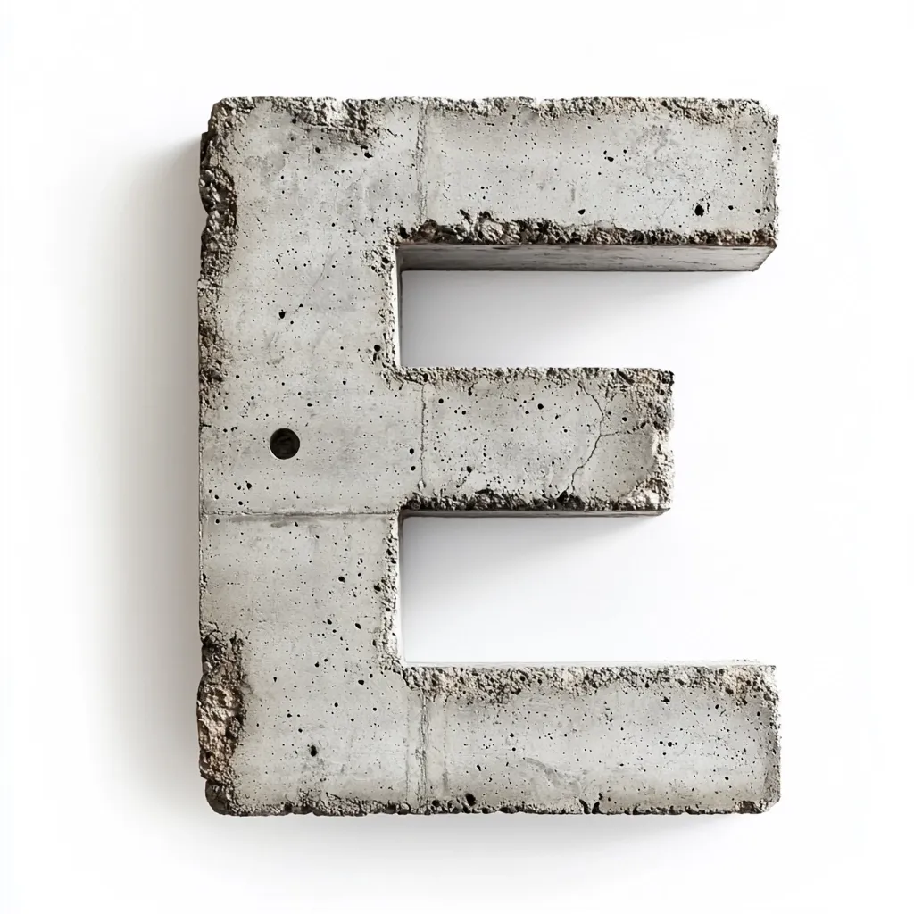 A concrete letter "E" is presented against a white background.  The letter is made of rough, grey concrete blocks, showing some textural imperfections and a small hole near the top left. The image is sharply focused, highlighting the material's texture and the letter's form.  The concrete's rough edges give a sense of industrial strength and simplicity.