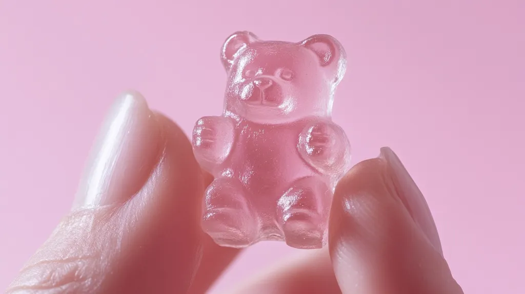 A translucent pink gummy bear candy is delicately held between two fingers against a soft pink background.  The gummy bear is shaped like a cartoon bear, with visible details. The image emphasizes the candy's soft texture and pastel color, creating a visually appealing and aesthetically pleasing scene.