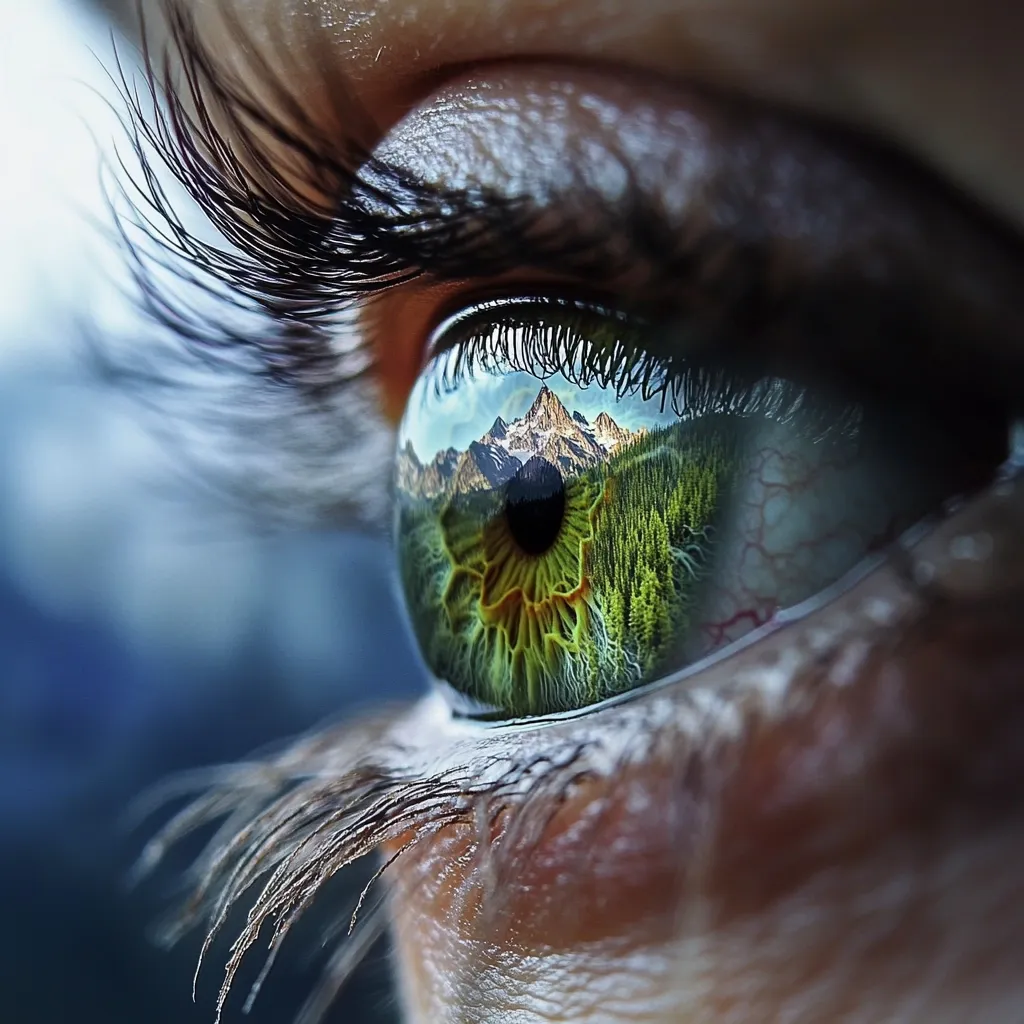 A close-up shot reveals a person's eye, strikingly detailed.  The iris reflects a breathtaking landscape: snow-capped mountains rising majestically above a lush green forest.  Long, dark eyelashes frame the eye, adding depth and contrast to the vibrant scene mirrored within. The image evokes a sense of wonder and the beauty of nature.