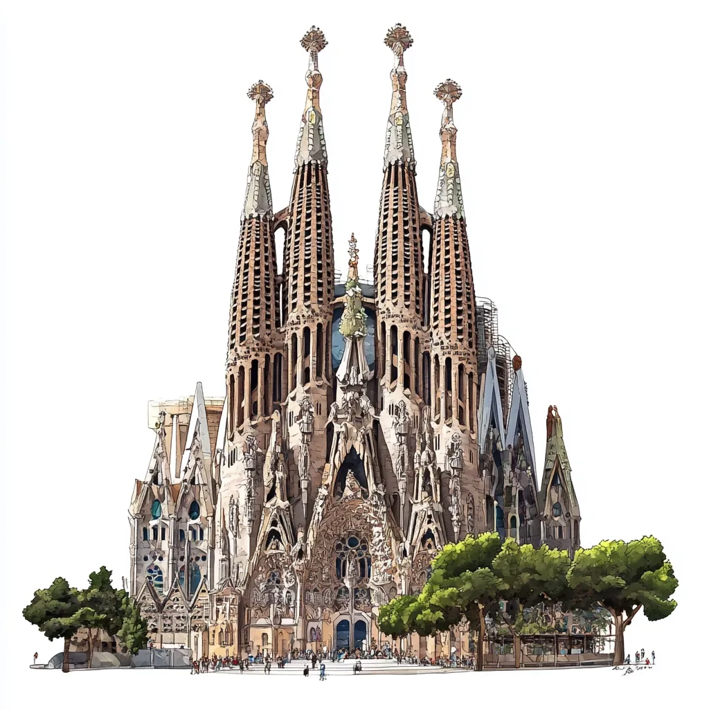 A detailed illustration showcases the Sagrada Família in Barcelona, Spain.  The iconic basilica's intricate façade, adorned with numerous spires and sculptures, is depicted in vivid detail. Lush green trees surround the base of the building, and a small crowd of people are visible in the plaza.  The style suggests a blend of architectural drawing and watercolor painting.  The overall effect is both realistic and artistic.