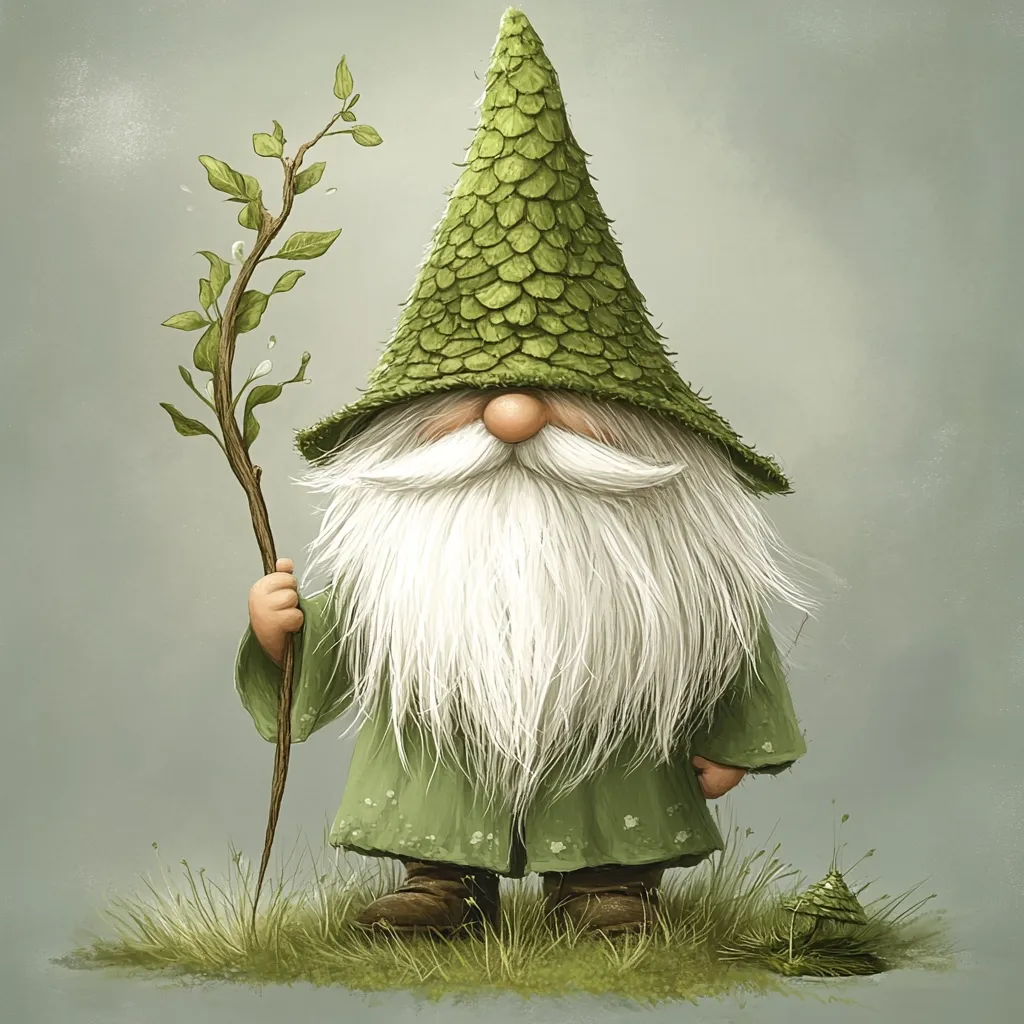 A whimsical illustration depicts a gnome, adorned in a conical green hat resembling overlapping scales and a long, flowing white beard.  He's dressed in a matching green robe and sturdy boots, holding a slender branch with budding leaves. The gnome stands on a patch of grass, a small pinecone nestled nearby.  The overall style is soft and slightly surreal, evoking a sense of gentle magic.