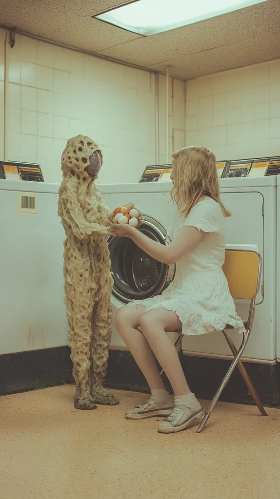 A young woman in a white dress sits on a folding chair in a laundromat.  She receives a handful of eggs from a creature resembling a humanoid figure made of textured, light brown material. The creature stands near a washing machine in a tiled room.  The scene is surreal and slightly unsettling.