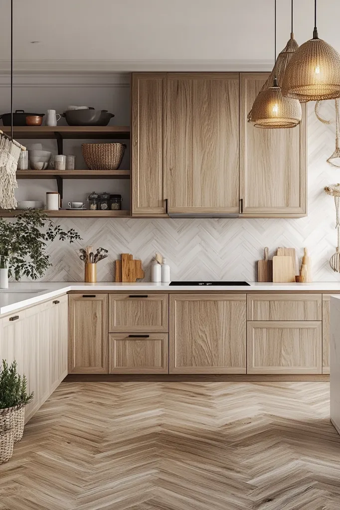 A modern kitchen boasts light wood cabinets and herringbone flooring.  Open shelving displays cookware and décor.  A white countertop provides a clean contrast, and three woven pendant lights hang above the island. The overall aesthetic is minimalist and warm, creating a serene and inviting space.