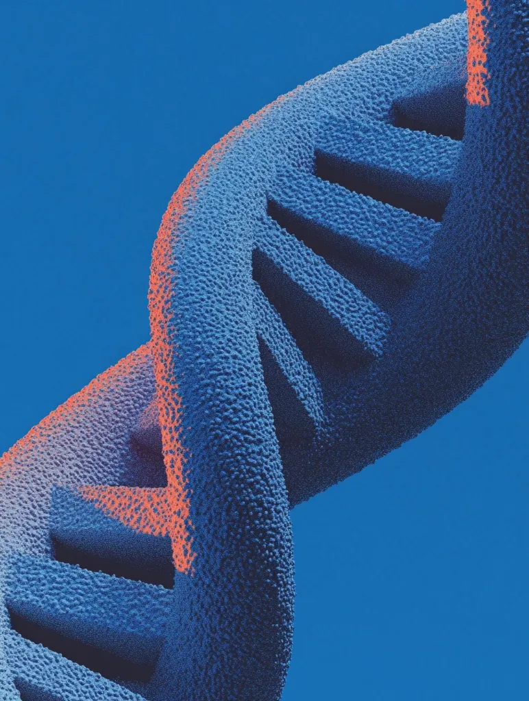 A close-up reveals a stylized DNA double helix, rendered in shades of blue with subtle orange highlights.  The textured surface appears granular or bumpy, giving it a three-dimensional feel. The image is set against a solid blue background, emphasizing the DNA structure's form and texture.  The focus is sharp on the helix, creating a visually striking representation of genetic material.