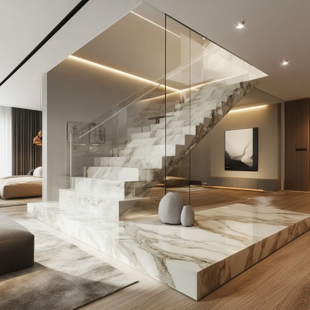 A modern, minimalist interior features a grand marble staircase with a glass railing.  The staircase is centrally located, illuminated by recessed lighting, and leads to an upper level.  The flooring is a matching marble, creating a seamless, luxurious look.  Neutral tones and a simple art piece complete the sophisticated design.  Subtle textures and soft lighting enhance the elegant ambiance.