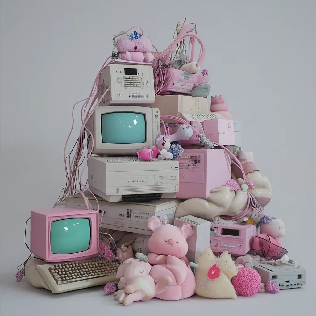 A whimsical pile of pastel pink computer equipment and plush toys is artfully arranged.  Vintage computers, monitors, keyboards, and peripherals are intertwined with soft toys, creating a playful, nostalgic scene.  Wires and cables add to the chaotic yet charming composition, reminiscent of a child's room or a whimsical art installation. The overall aesthetic is light, fluffy, and distinctly feminine.
