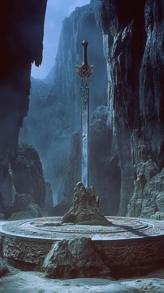 A majestic, ornate sword stands firmly planted in a stone altar.  The altar is circular, intricately carved, and rests within a desolate, rocky chasm.  The scene is shrouded in a cool, bluish light, creating an atmosphere of mystery and ancient power.  Towering rock formations loom on either side, enhancing the feeling of isolation and grandeur.