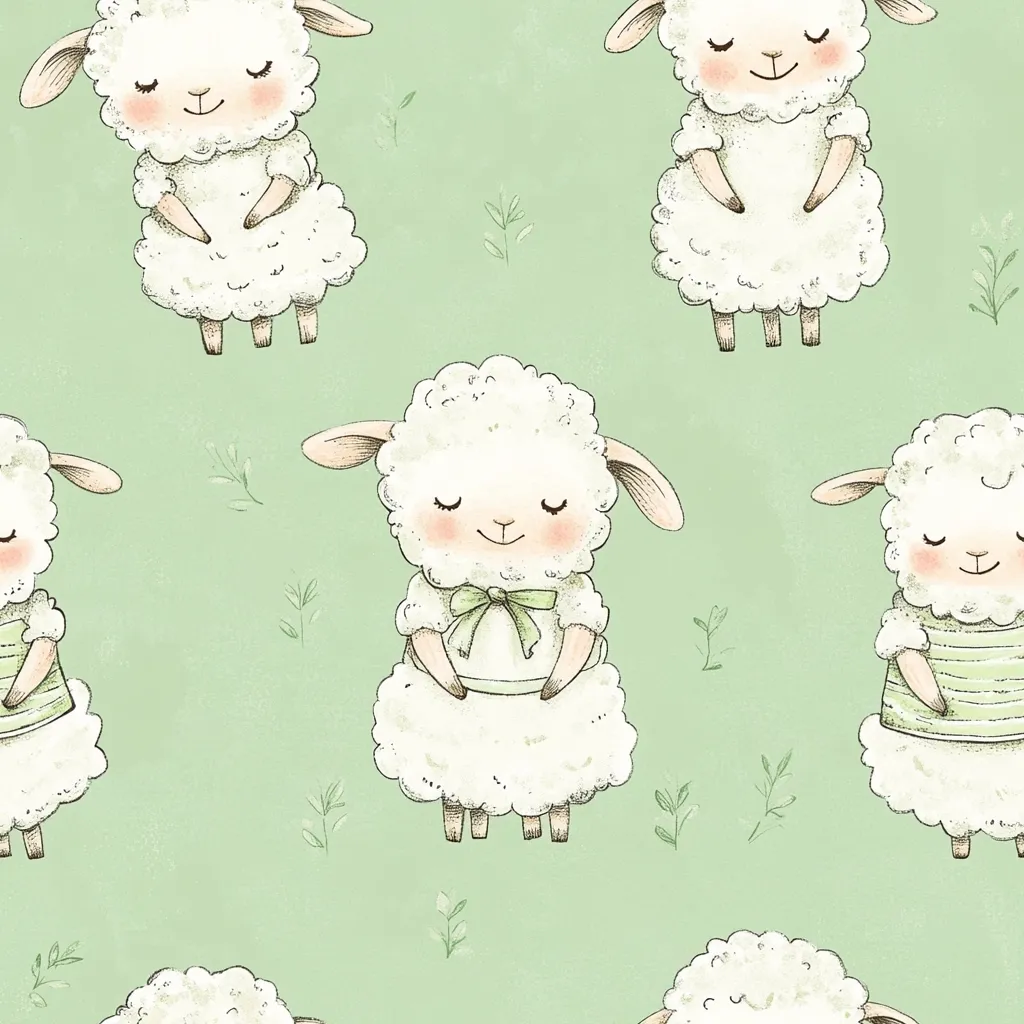 A seamless pattern featuring adorable cartoon lambs on a pastel green background.  The lambs are fluffy white, with closed eyes and sweet expressions. Some wear simple green and white striped vests, while others have a green bow.  Small green sprigs are scattered between the lambs, creating a charming and peaceful design.